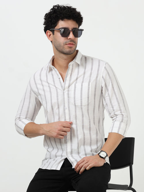 White Brown Stripe Full Sleeve Linen Shirt