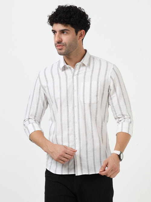 White Brown Stripe Full Sleeve Linen Shirt