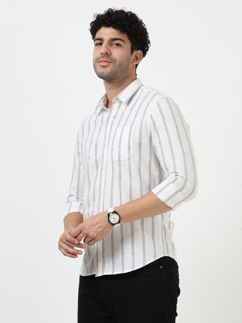 White Brown Stripe Full Sleeve Linen Shirt