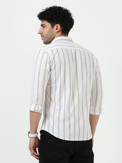 White Brown Stripe Full Sleeve Linen Shirt