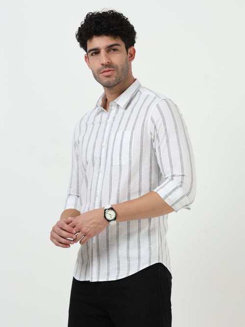 White Black Stripe Full Sleeve Linen Shirt