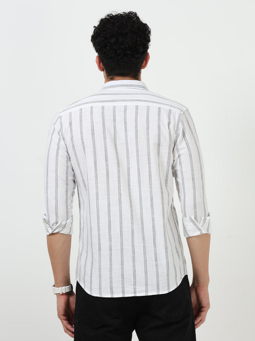 White Black Stripe Full Sleeve Linen Shirt