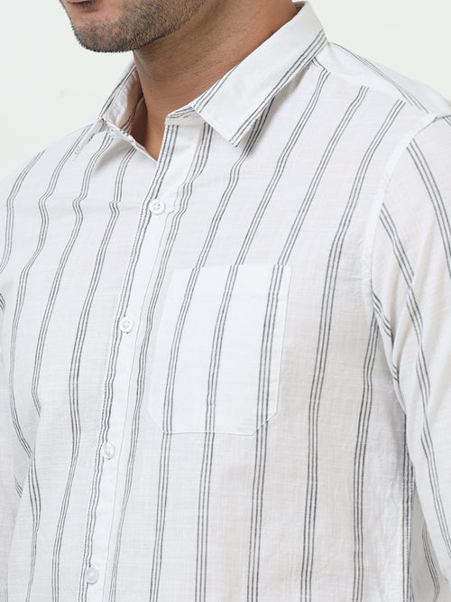 White Black Stripe Full Sleeve Linen Shirt