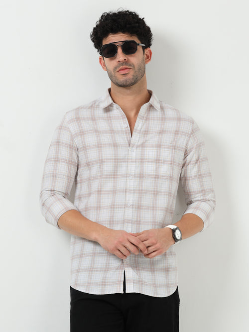 Off White Check Slub Linen Casual Full Sleeve Shirt
