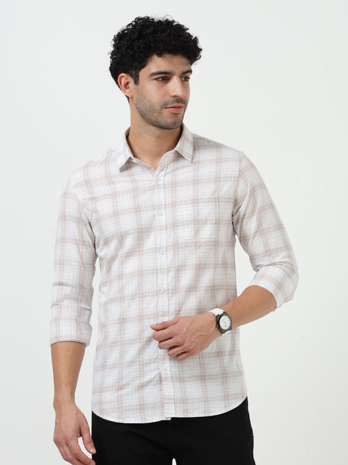 Off White Check Slub Linen Casual Full Sleeve Shirt