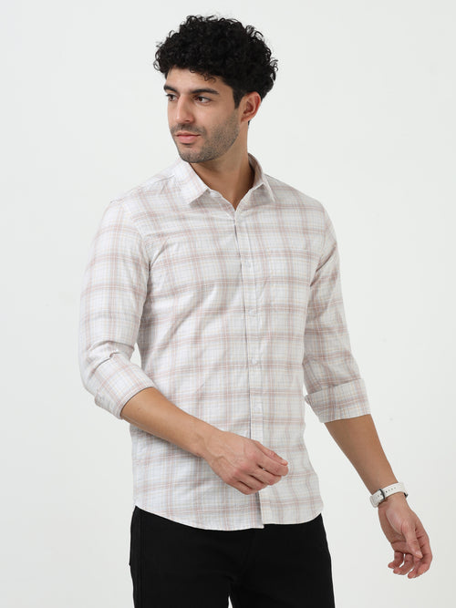 Off White Check Slub Linen Casual Full Sleeve Shirt