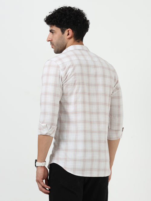 Off White Check Slub Linen Casual Full Sleeve Shirt