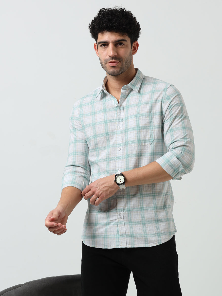 Light Green Check Slub Linen Casual Full Sleeve Shirt