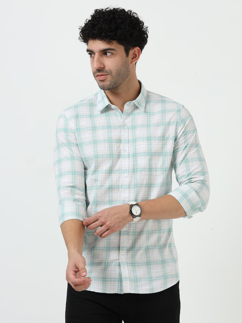 Light Green Check Slub Linen Casual Full Sleeve Shirt
