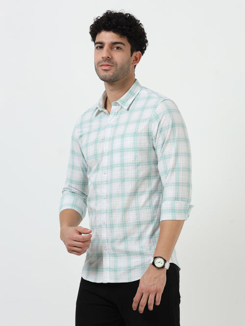 Light Green Check Slub Linen Casual Full Sleeve Shirt