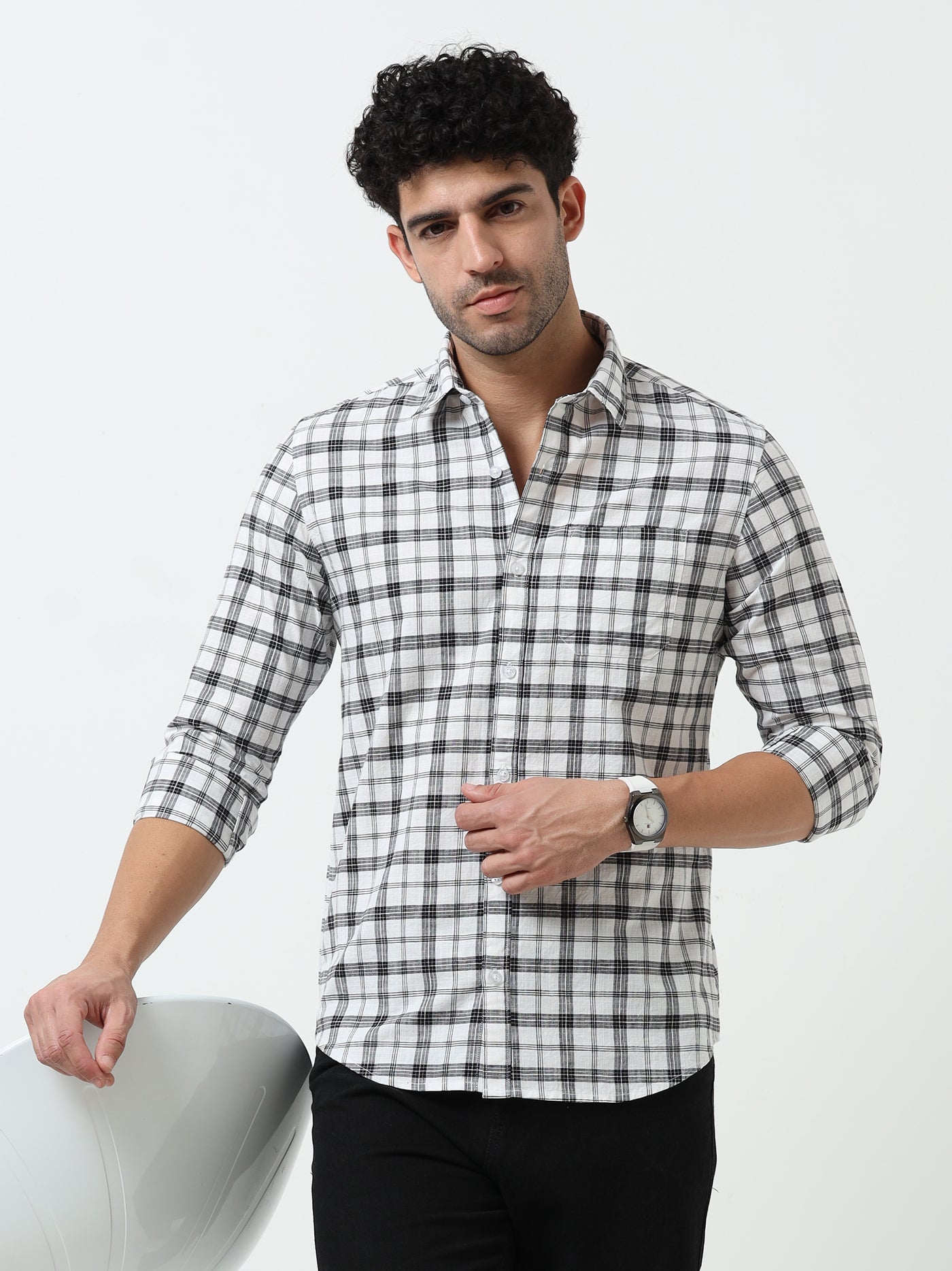 White & Black Check Slub Linen Casual Full Sleeve Shirt
