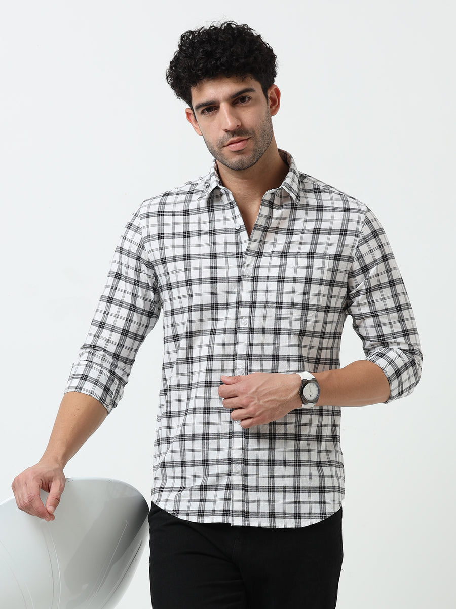 White & Black Check Slub Linen Casual Full Sleeve Shirt
