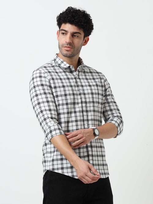 White & Black Check Slub Linen Casual Full Sleeve Shirt