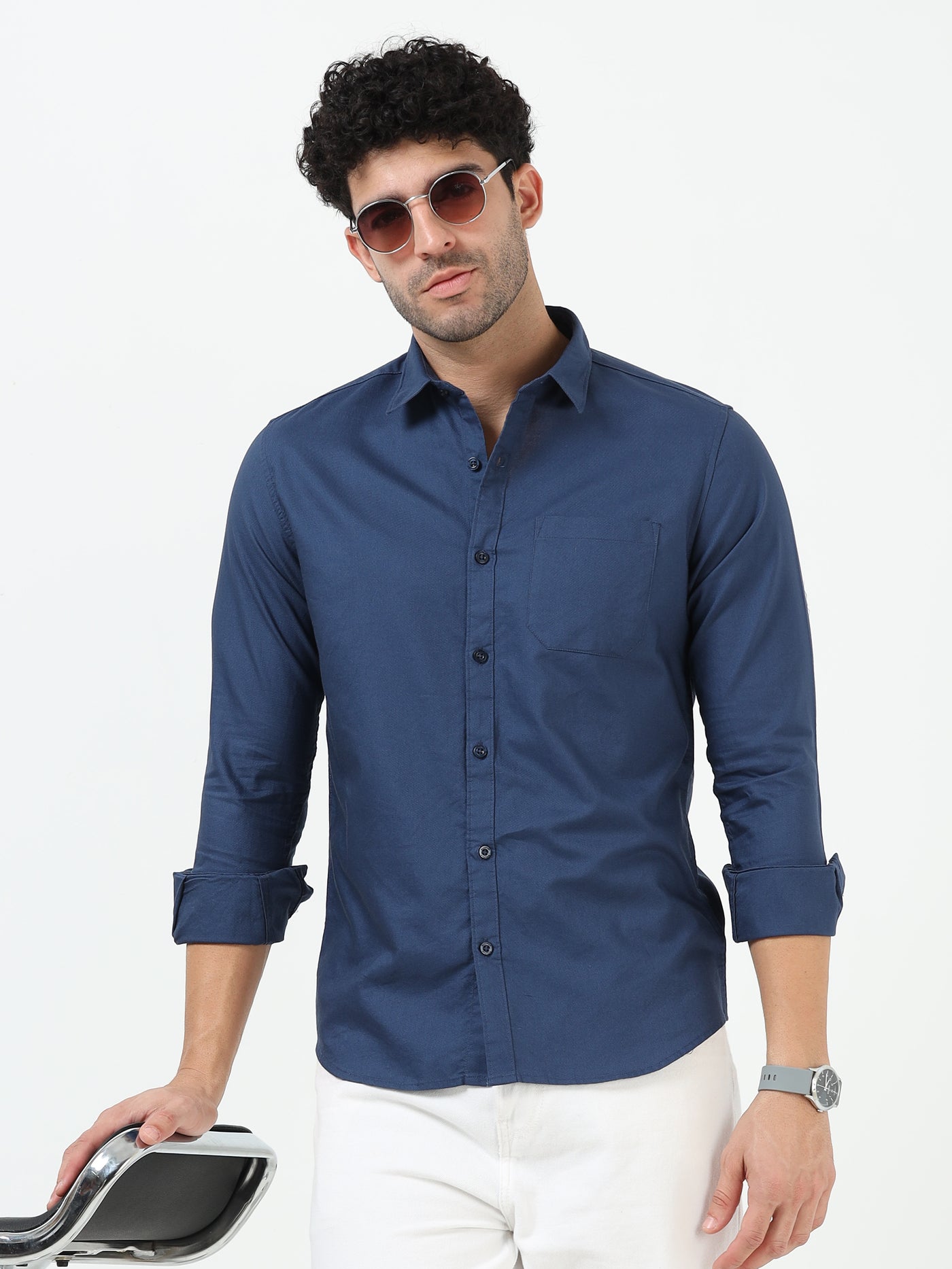 Oxford Plain Blue Cotton Full Sleeve Shirt