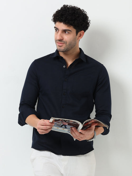 Classic Navy Blue Cotton Linen Solid Full Sleeve Shirt
