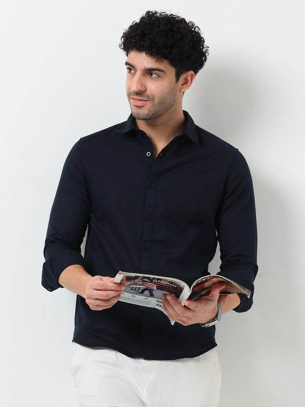 Classic Navy Blue Cotton Linen Solid Full Sleeve Shirt