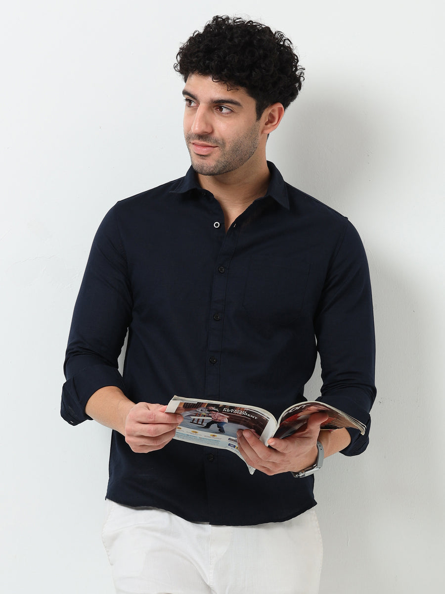 Classic Navy Blue Cotton Linen Solid Full Sleeve Shirt