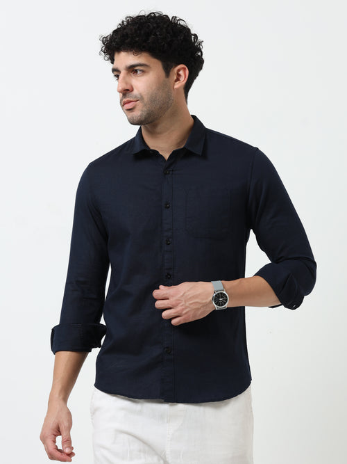 Classic Navy Blue Cotton Linen Solid Full Sleeve Shirt