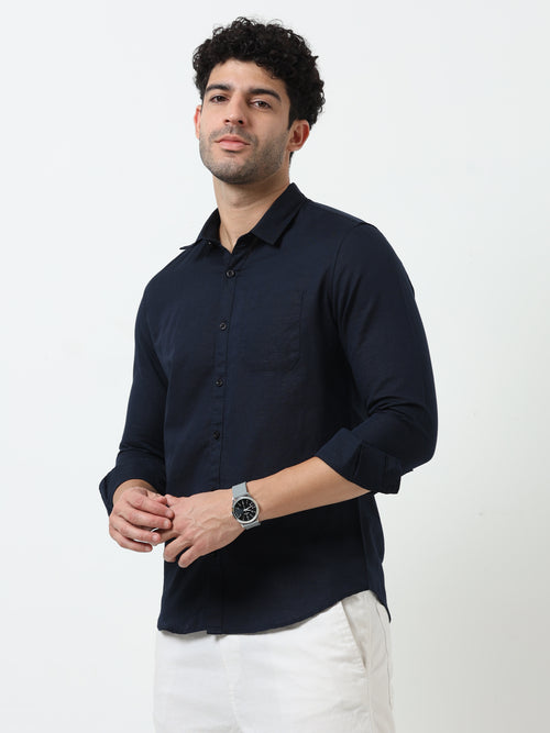 Classic Navy Blue Cotton Linen Solid Full Sleeve Shirt