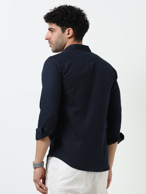 Classic Navy Blue Cotton Linen Solid Full Sleeve Shirt