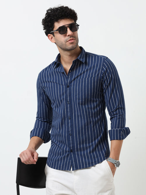 Navy Blue Stripe Oxford Full Sleeve Shirt