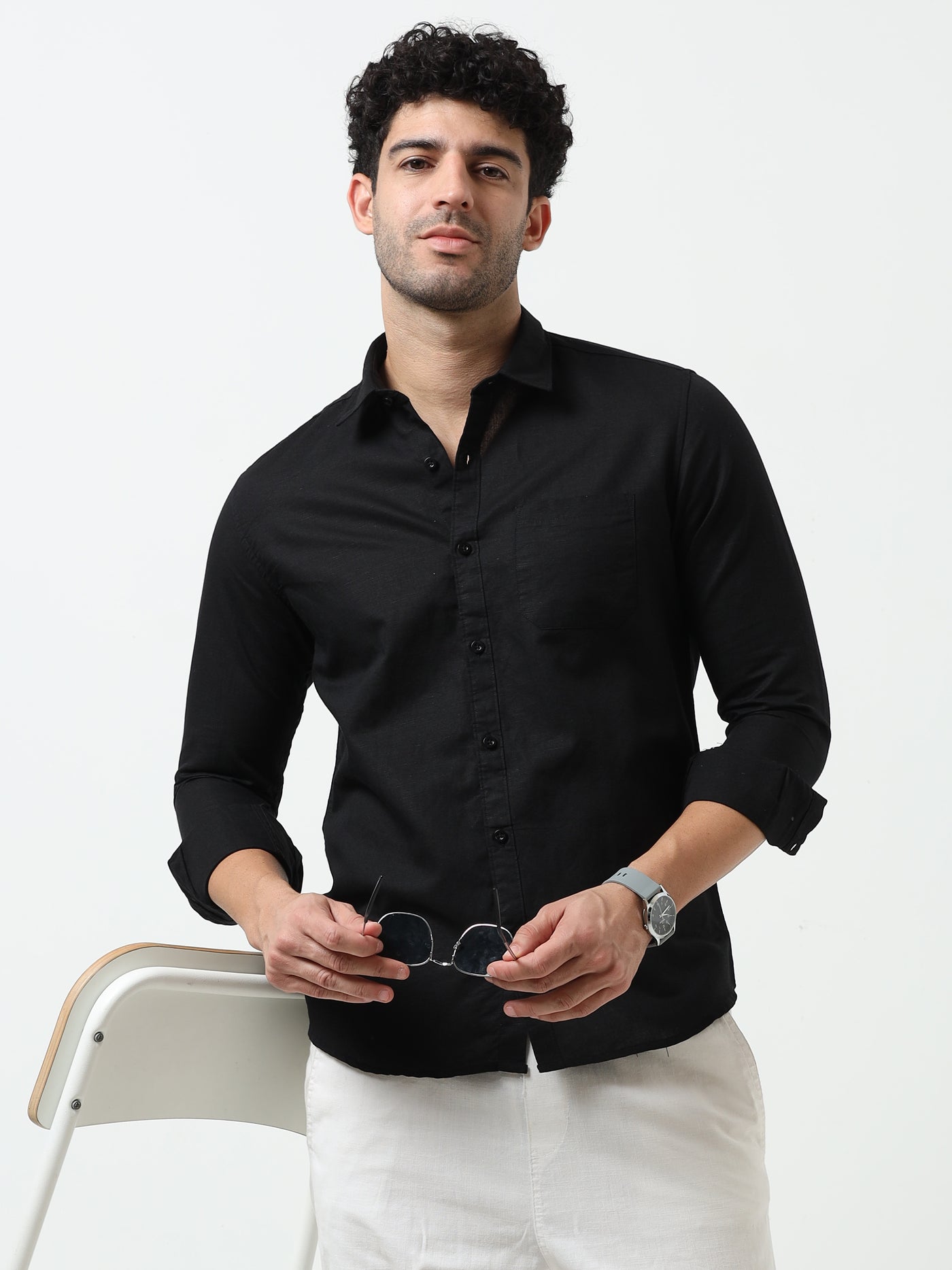 Premium Black Cotton Linen Solid Full Sleeve Shirt