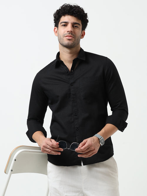 Premium Black Cotton Linen Solid Full Sleeve Shirt