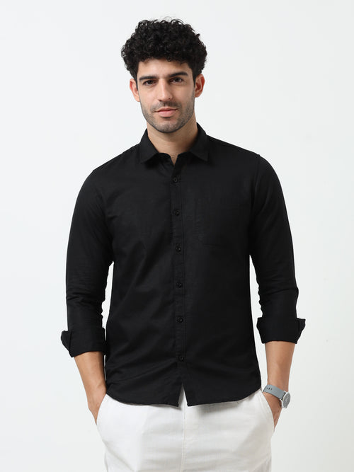 Premium Black Cotton Linen Solid Full Sleeve Shirt