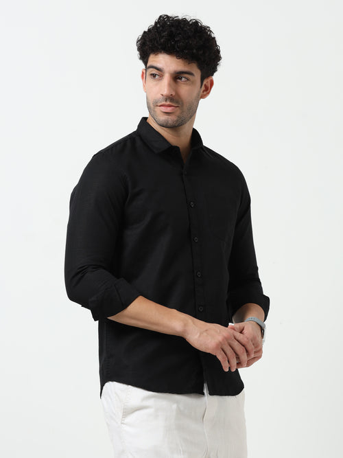 Premium Black Cotton Linen Solid Full Sleeve Shirt