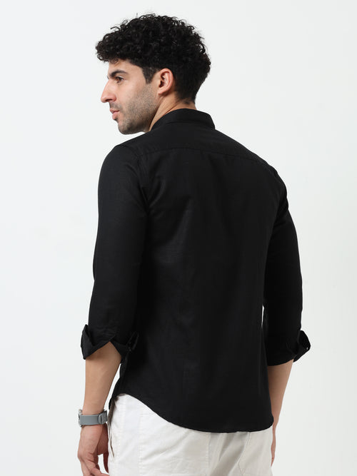 Premium Black Cotton Linen Solid Full Sleeve Shirt