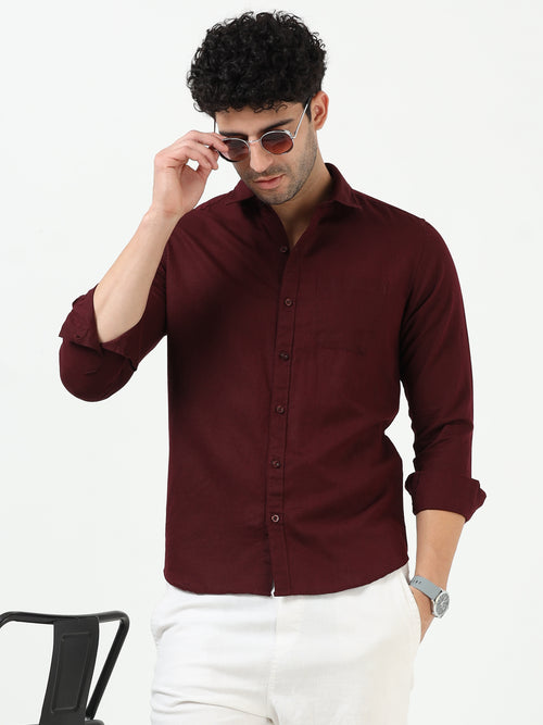 Premium Maroon Cotton Linen Solid Full Sleeve Shirt