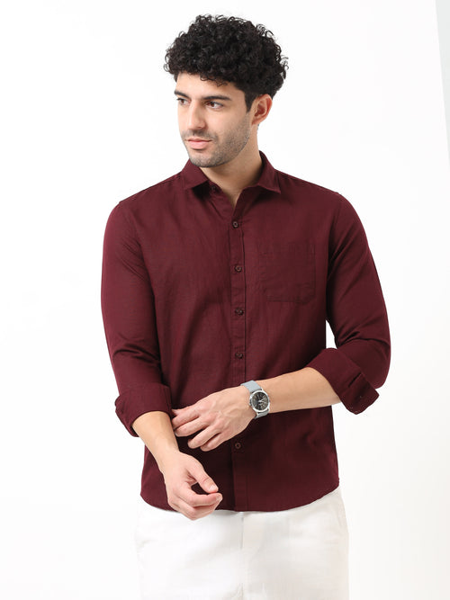 Premium Maroon Cotton Linen Solid Full Sleeve Shirt