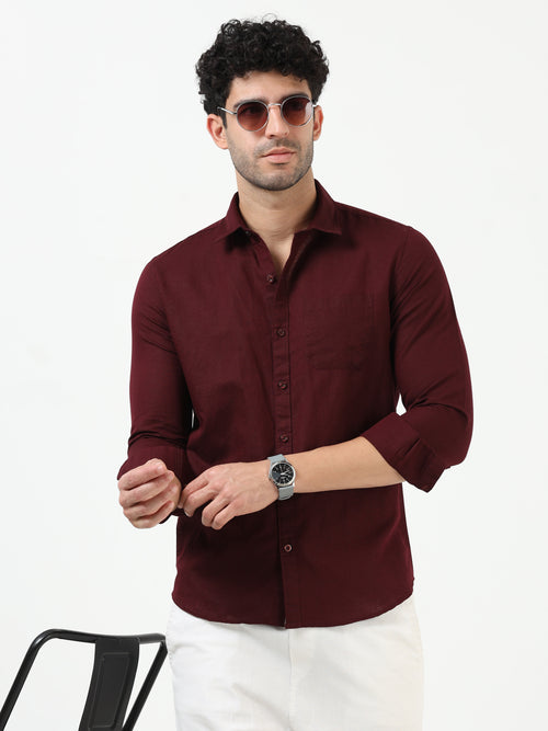 Premium Maroon Cotton Linen Solid Full Sleeve Shirt