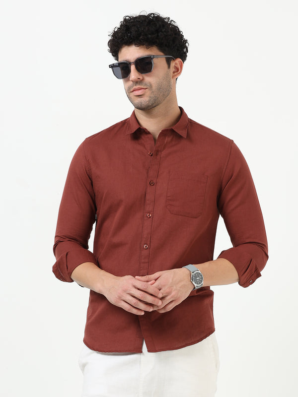 Classic Brown Cotton Linen Solid Full Sleeve Shirt