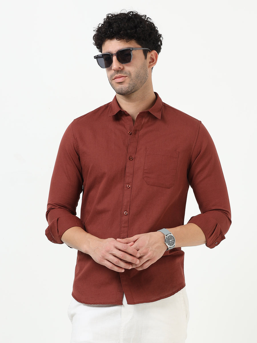 Classic Brown Cotton Linen Solid Full Sleeve Shirt