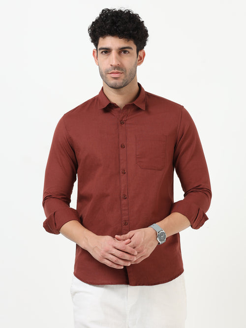 Classic Brown Cotton Linen Solid Full Sleeve Shirt