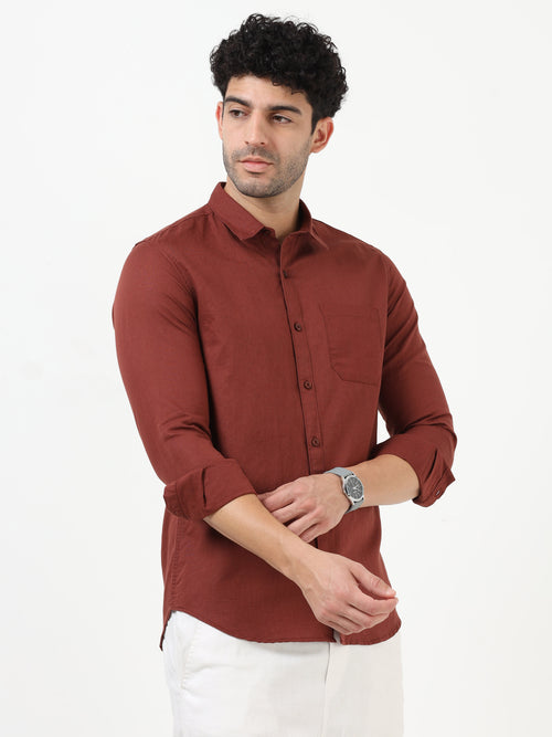 Classic Brown Cotton Linen Solid Full Sleeve Shirt