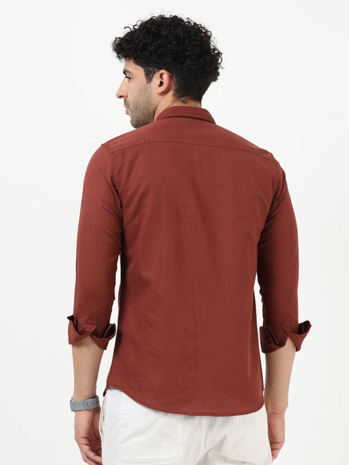 Classic Brown Cotton Linen Solid Full Sleeve Shirt