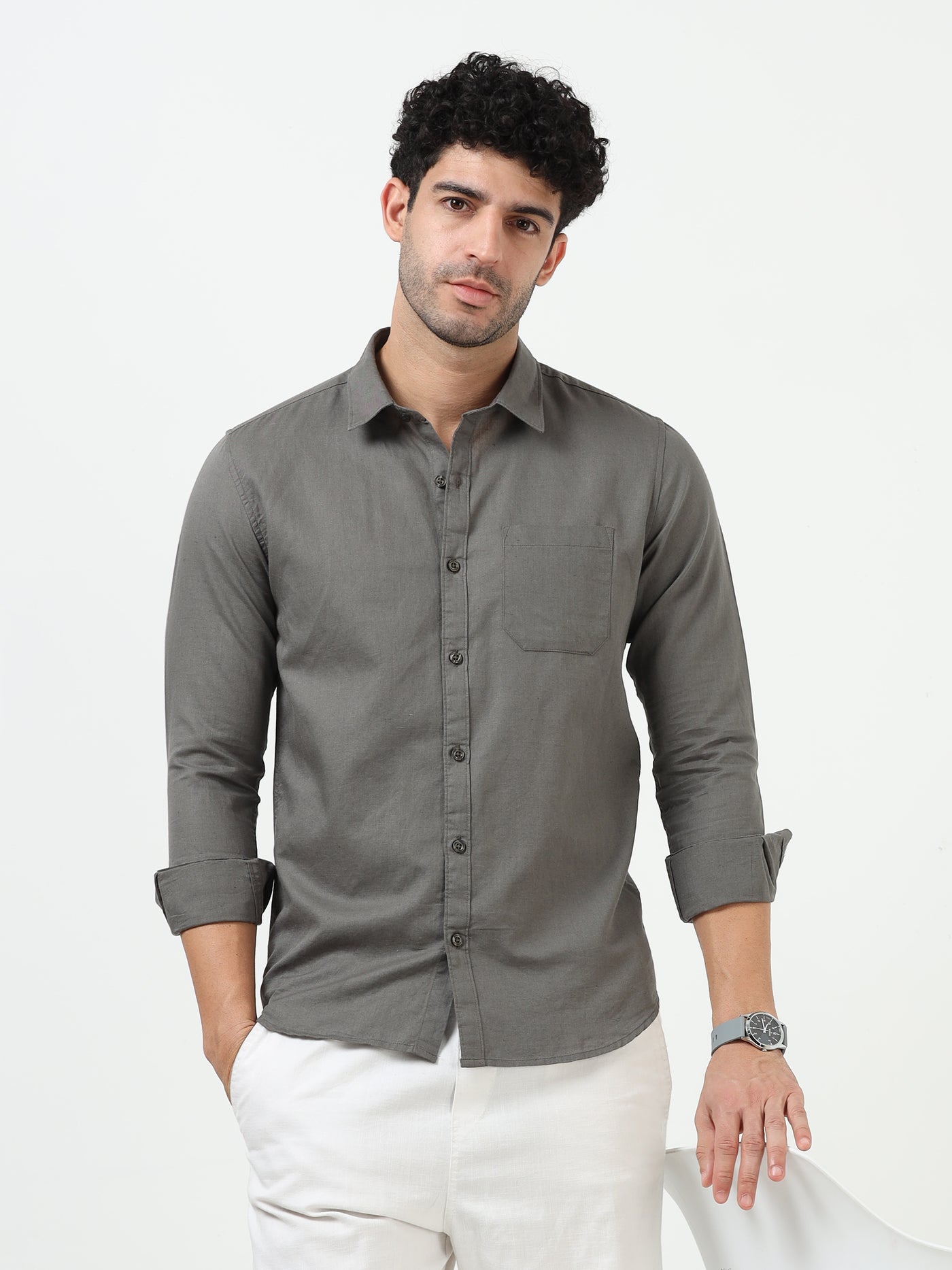 Premium Grey Cotton Linen Solid Full Sleeve Shirt