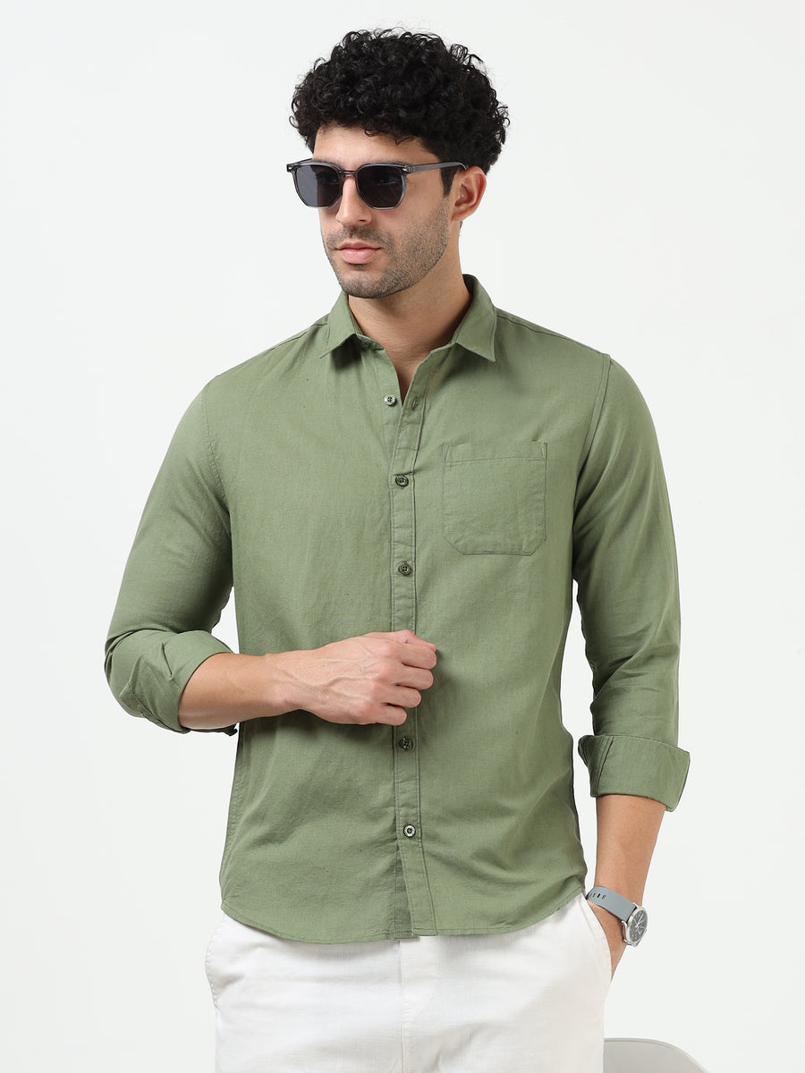 Green Cotton Linen Solid Full Sleeve Shirt