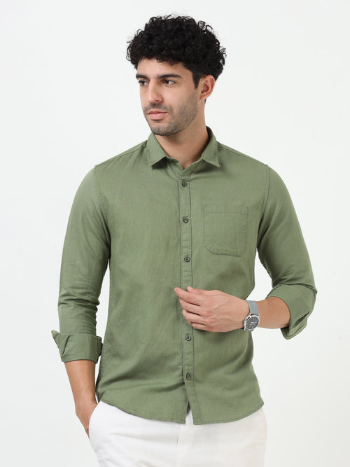 Green Cotton Linen Solid Full Sleeve Shirt
