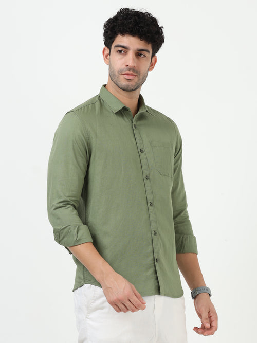 Green Cotton Linen Solid Full Sleeve Shirt