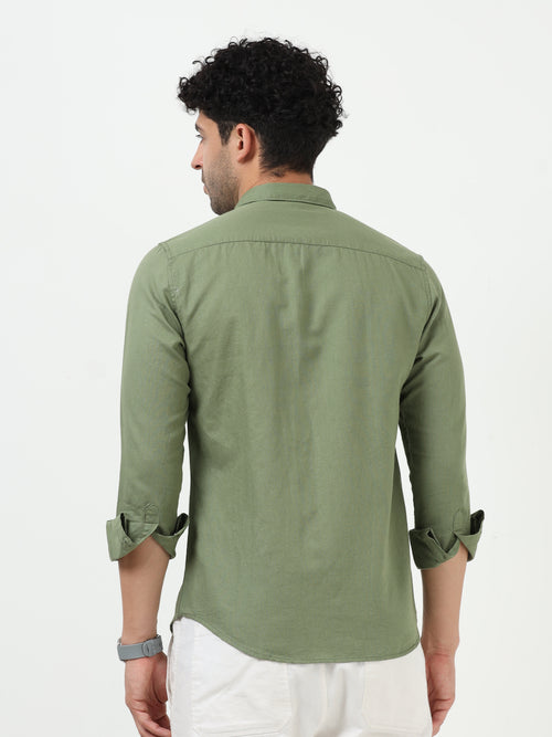 Green Cotton Linen Solid Full Sleeve Shirt