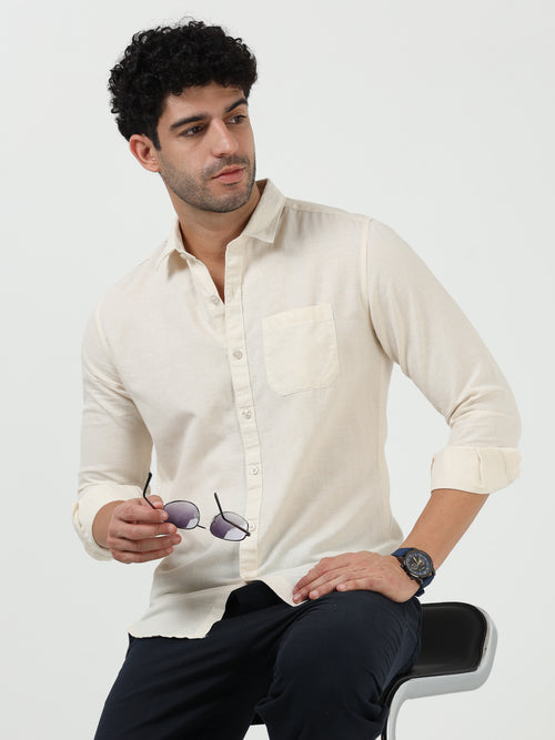 Premium Beige Cotton Linen Solid Full Sleeve Shirt
