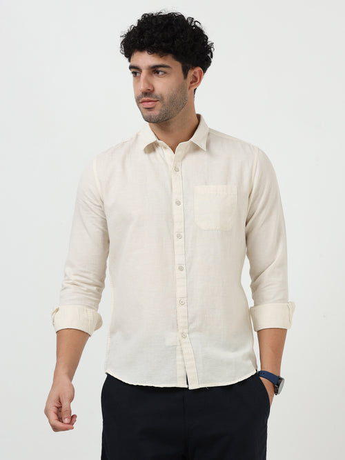 Premium Beige Cotton Linen Solid Full Sleeve Shirt