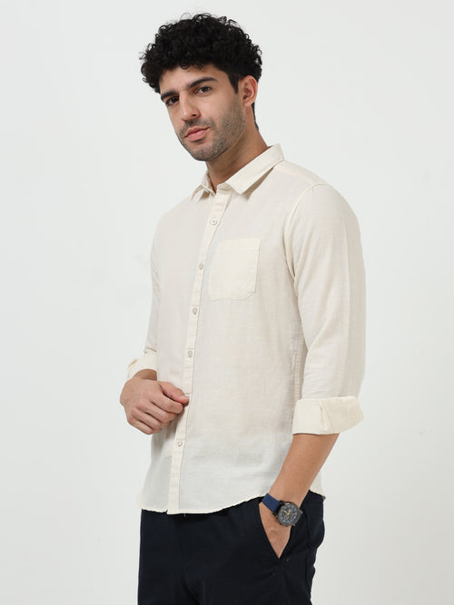 Premium Beige Cotton Linen Solid Full Sleeve Shirt
