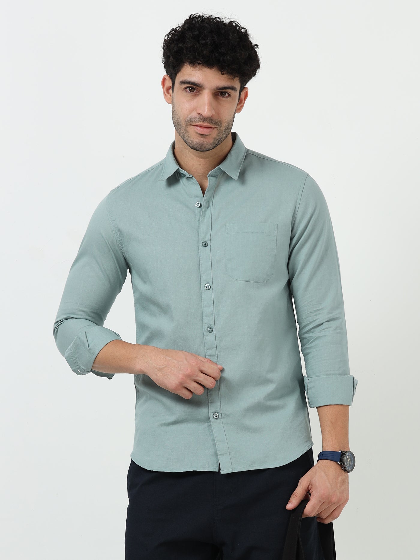 Premium Pista Green Cotton Linen Solid Full Sleeve Shirt