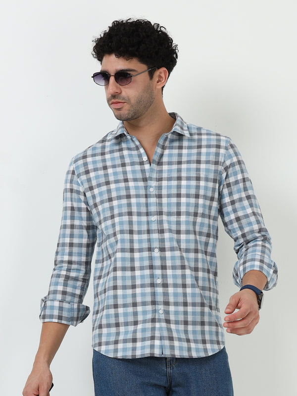 Blue & Gray Check Slub Linen Casual Full Sleeve Shirt