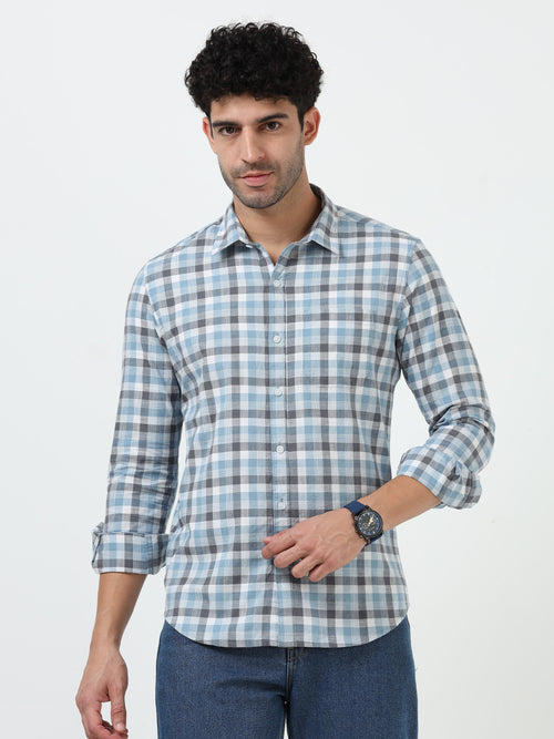 Blue & Gray Check Slub Linen Casual Full Sleeve Shirt