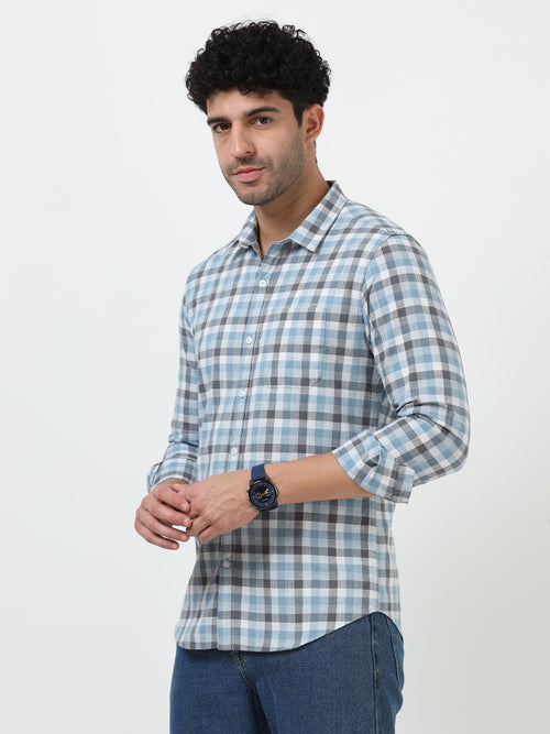 Blue & Gray Check Slub Linen Casual Full Sleeve Shirt